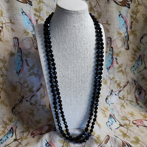 Vintage Antique Jet Black Glass Faceted Extremely Long Strand Beaded Necklace - Picture 1 of 7